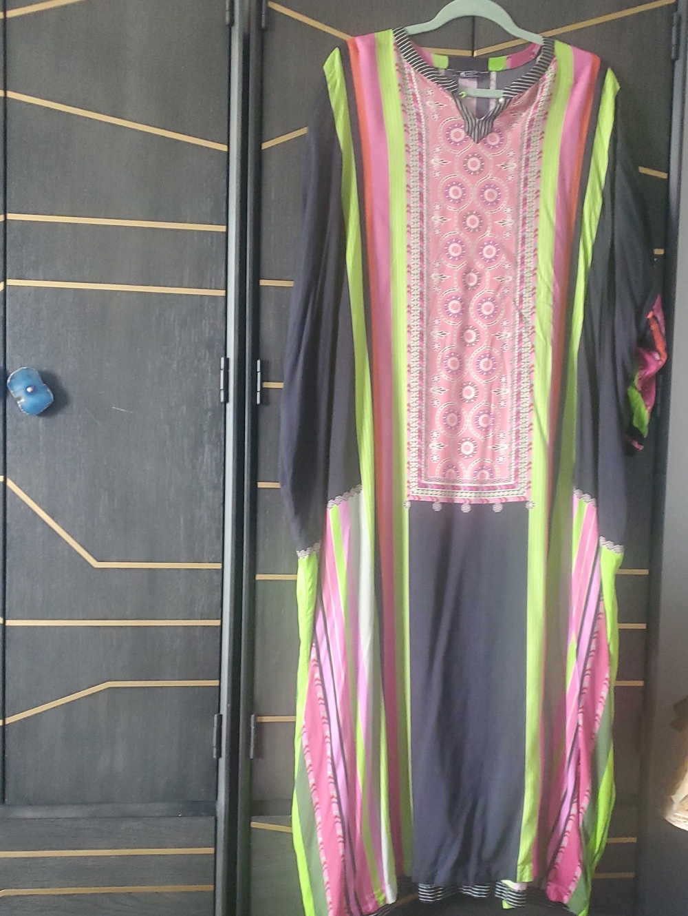 Women's Black Dress with Pink & Lime Stripe Panel